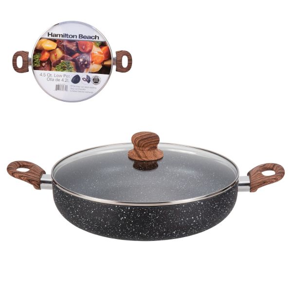 HB Low Pot Alum. 4.5Qt,Nonstick with Marble Coating,Wood like Soft Touch Handle