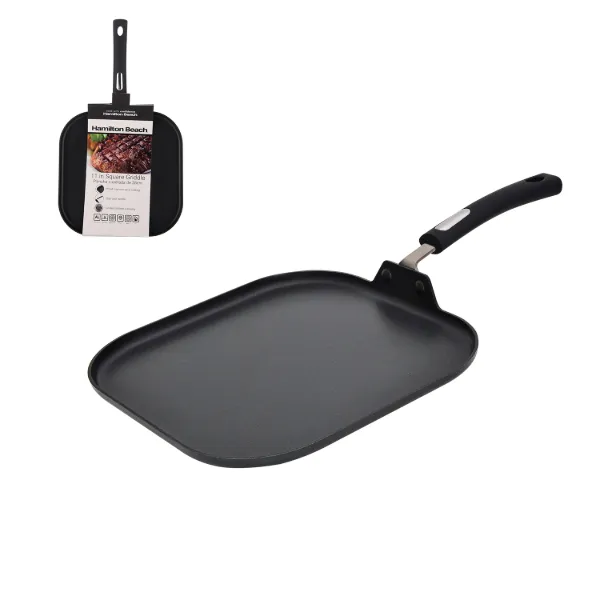 HB 11in Aluminum square griddle, black, Nonstick interior, soft touch handle