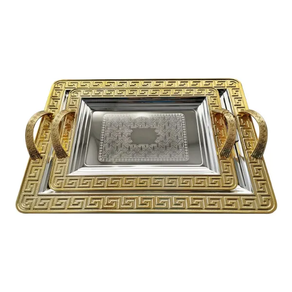 AC Set of 2pc Serving Tray Engraving Design Gold Trim Metal Handle 13.5in 18in