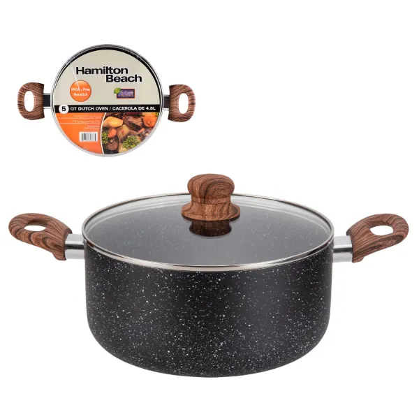 HB Dutch Oven Alum. 5Qt with Marble Coating,Wood like Soft Touch Handle
