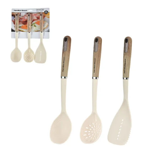 HB Set of 3pc Nylon Utensils with Wooden Soft Touch Handle Beige