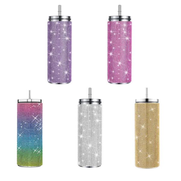 20oz Bling Rhinestones Skinny Tumbler Cup with Straw