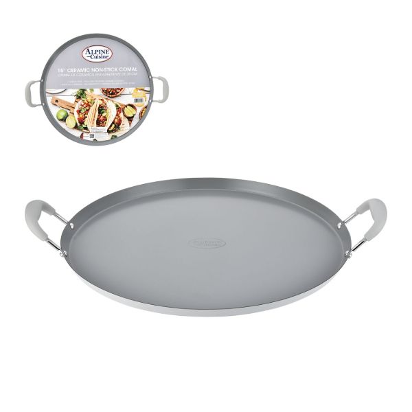 AC 14in Northern Gray Round Comal with Lid 1.5mm Gray Ceramic Coating.  Matte Finish