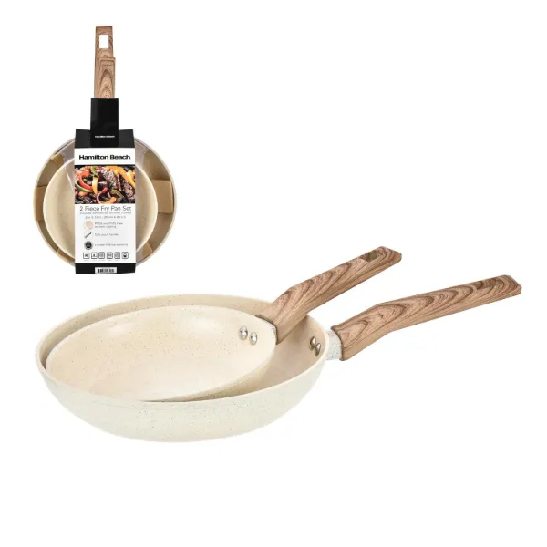 HB Set of 2pc Alum Forged Fry Pan Beige Marble Ceramic