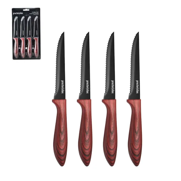 PS 4pc 4in Steak Knife Set Red wood like hands