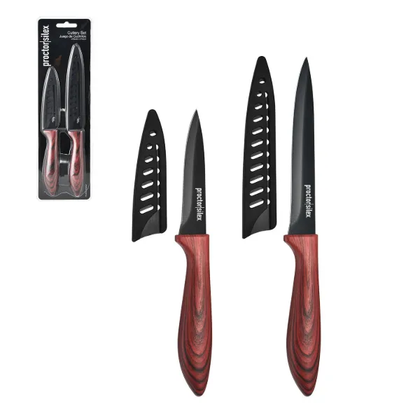 PS 2pc Knife Set 5.5in Utility 3.5in Pairing Red wood like hands with Sheaths