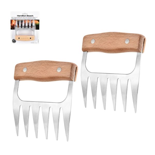 HB Set of 2pc BBQ SS Meat Separater with Wooden Handle 4.7x4.3x0.78in