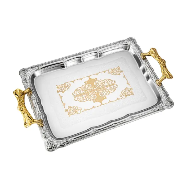 AC Set of 2pc Iron Serving Tray with Gold Pattern & Golden Plastic Handle 14in 17.5in