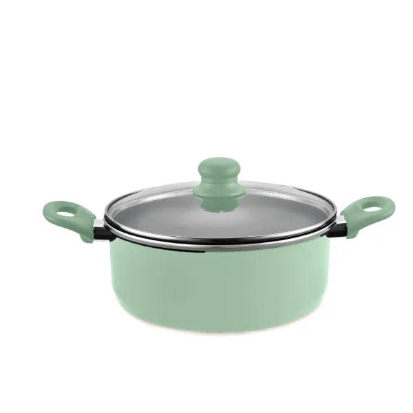 HB 8.5qt Dutch Oven Cream Ceramic Coating Sage Paint Softtouch Handle Glass Strainer Lid