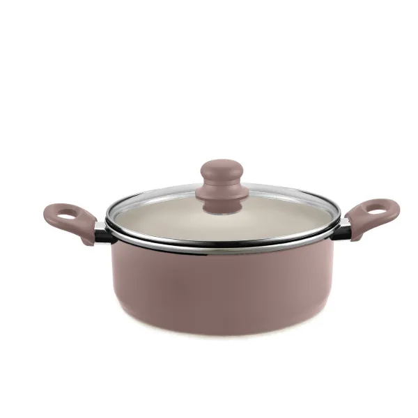HB 8.5qt Dutch Oven Cream Ceramic Coating Mauve Paint Softtouch Handle Glass Strainer Lid