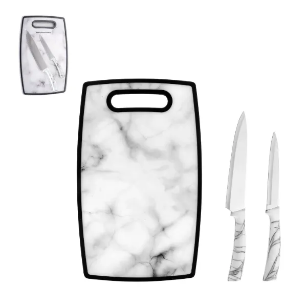 HB Set of 3pc SS Knife with White Marble Color PP Handle and MDF Cutting Board