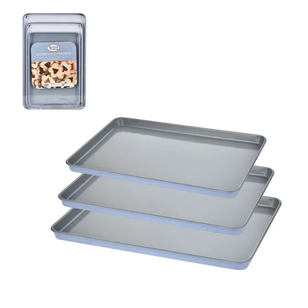 AC 14in 17in 19in Chambray Blue Cookie Sheet 3pc Set 0.6mm Gray Nonstick coating