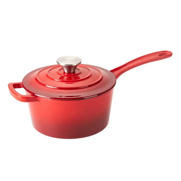 HB Sauce Pan Cast Iron 2Qt Enamel Coating, with SS Knob, Red