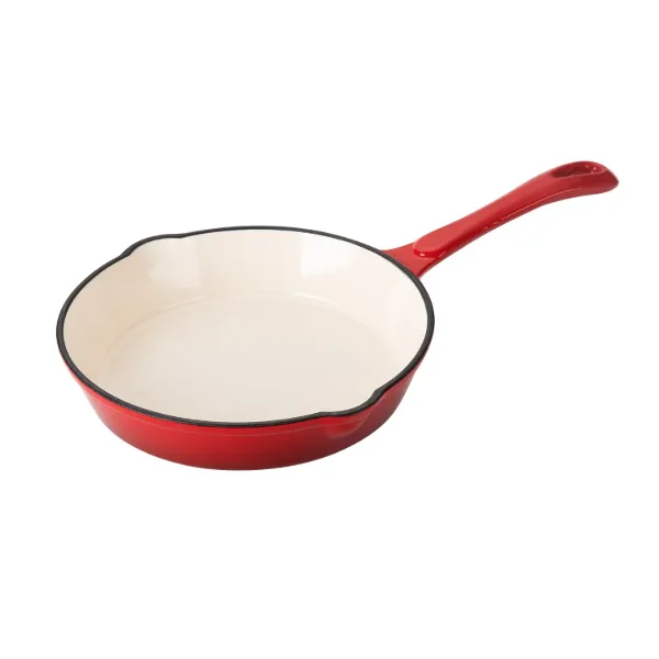 "HB Cast Iron Fry Pan 8in, Cream Enamel coating, Red color"