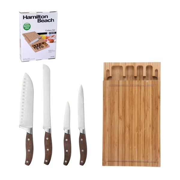 HB 5pc Cutlery Set Forged Walnut Wood Full Tang Handle with Bamboo Box and Cutting Board