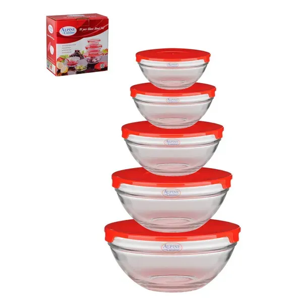 Glass Bowl 5pcs without Decal, Red lid
