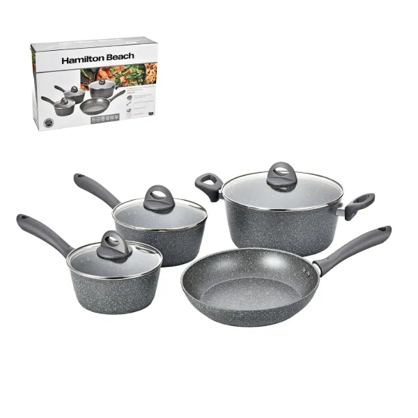 HB Set of 7pc Alum Cookware Grey Nonstick with Marble Coating